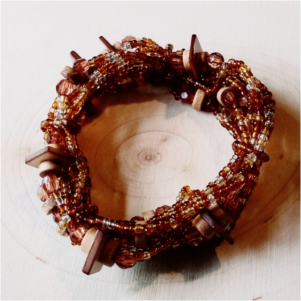 Brown And Tan Glass/Wood Bead Stretch Bracelet